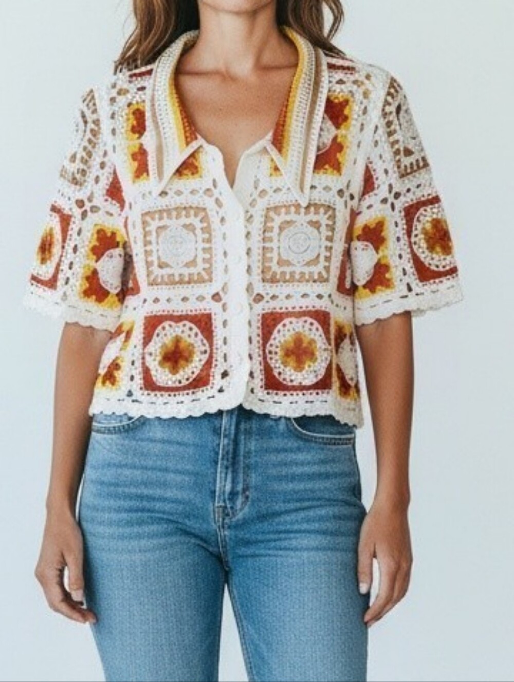 Miroh Crochet Button-Up Collard Cardigan Cropped In Granny Squares Size L